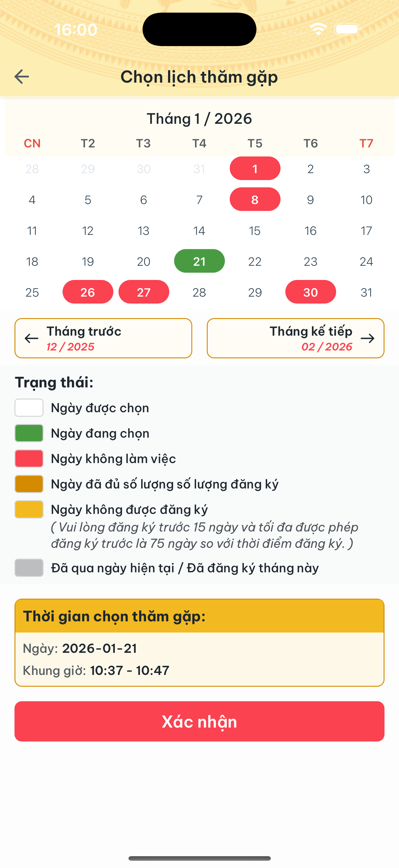Xác nhận lại ngày giờ đã chọn trên lịch